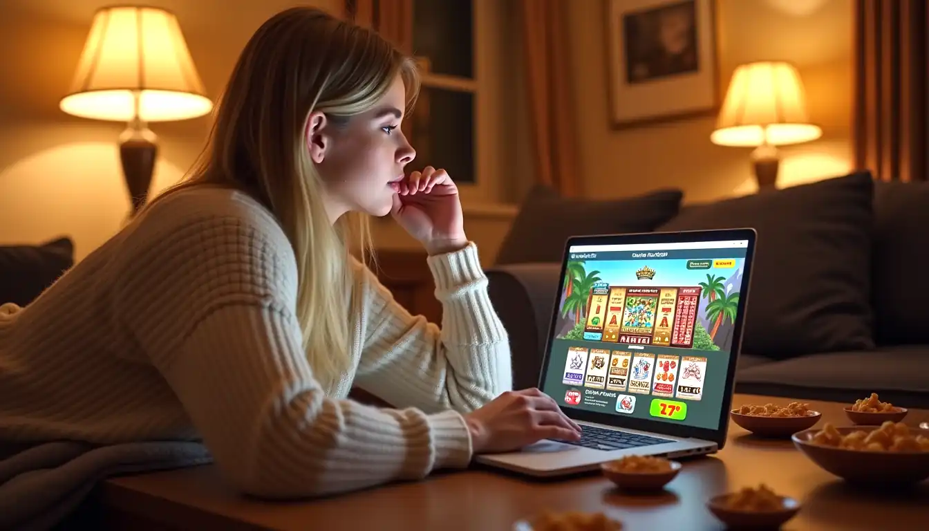 Kingmaker Casino Australia online pokies lobby shown on a laptop screen next to a relaxed player